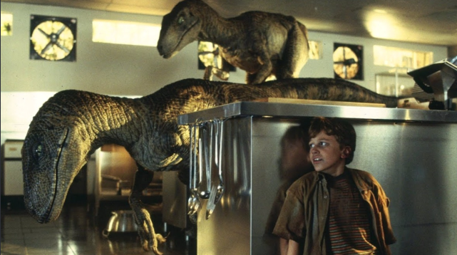 Jurassic Park 1993 velociraptor kitchen visual effects perspective