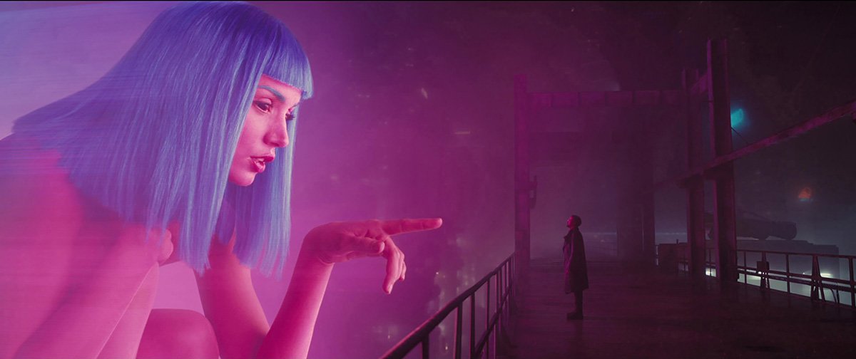 Blade Runner 2049 Joi hologram pink lighting rain cinematography