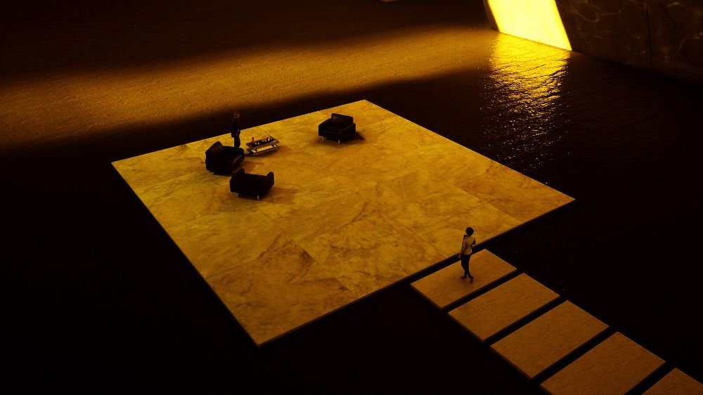 Blade Runner 2049 Wallace office caustic lighting moving shadows concrete