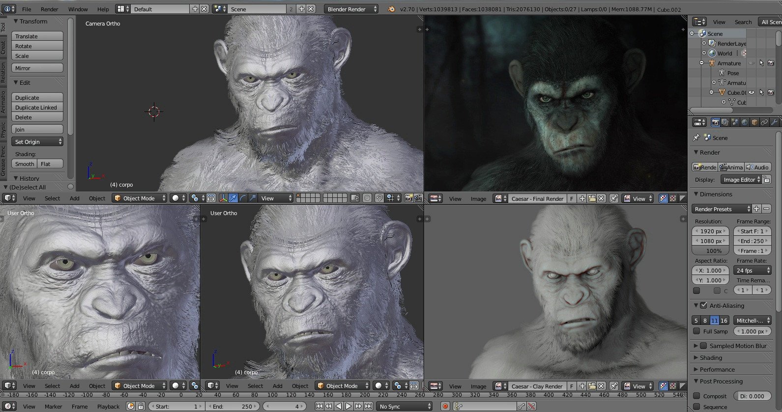 Dawn of the Planet of the Apes subsurface scattering epidermal shaders and fur simulation