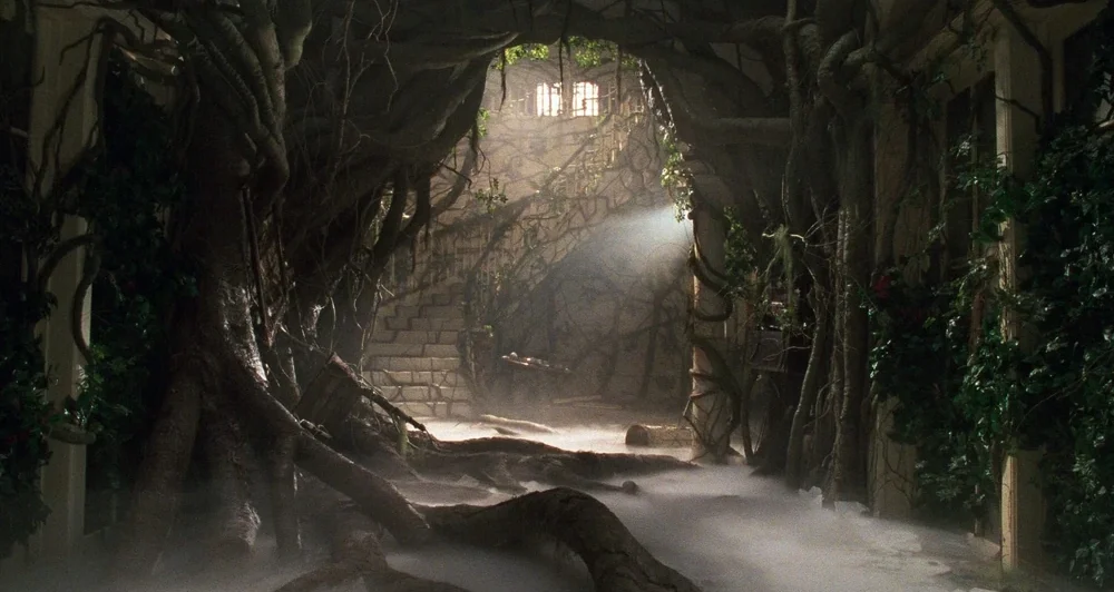 Jumanji domestic environment mutating into high density jungle architecture geometry